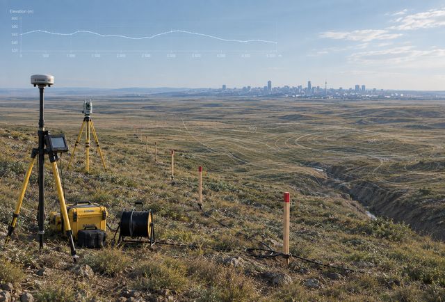 Топогеодезические работы: GNSS-приёмник и электронный тахеометр на профиле, цифровая модель рельефа с изолиниями